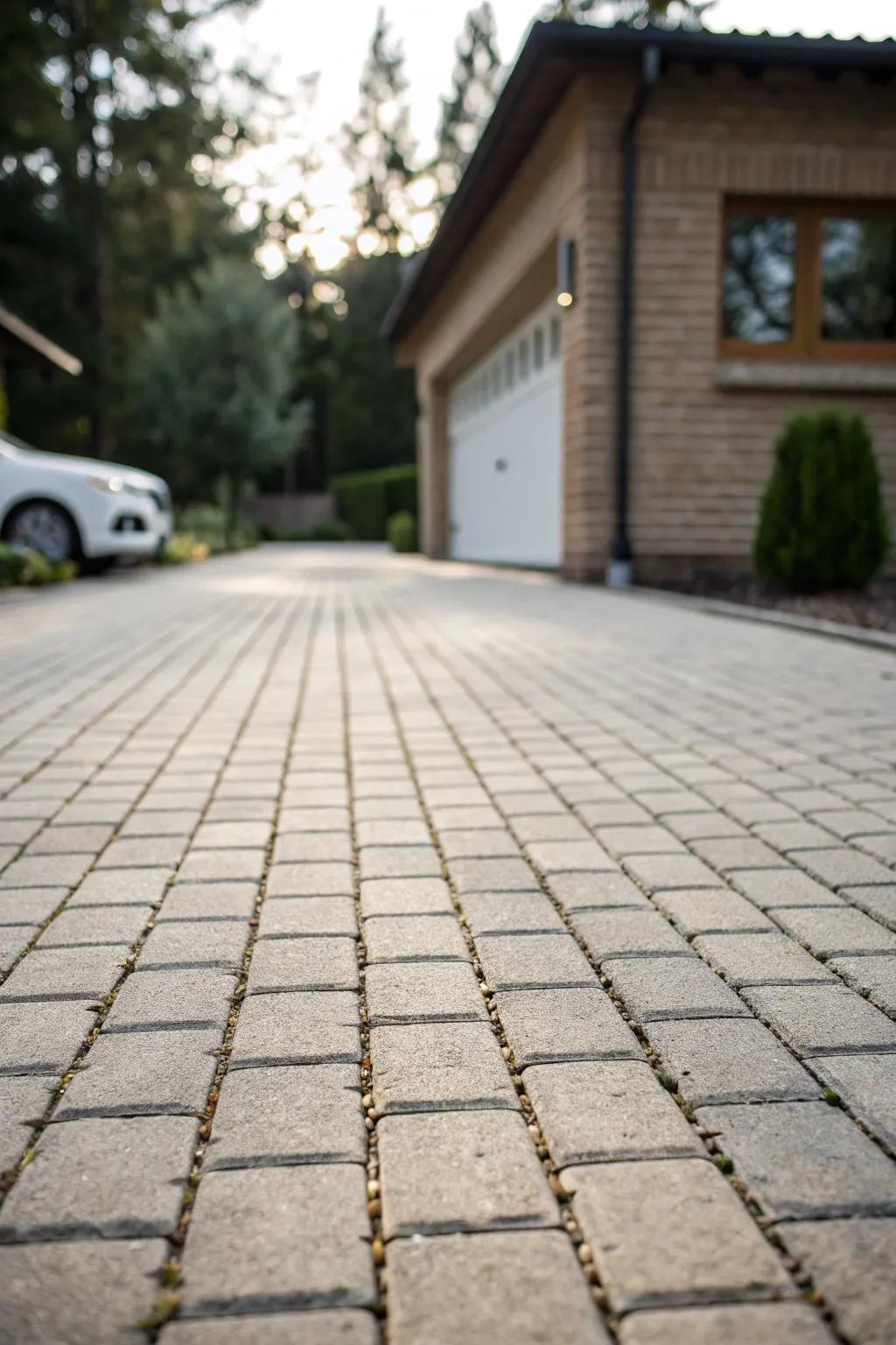 A sleek and simple minimalist pattern on a brick driveway.