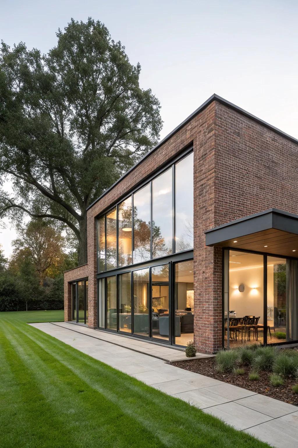 A modern house that beautifully pairs brick with glass elements.