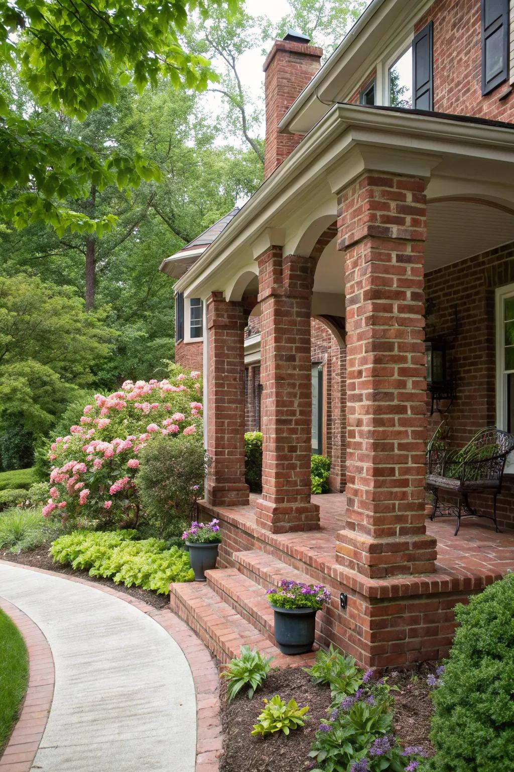 Brick columns provide a grand and welcoming entry.