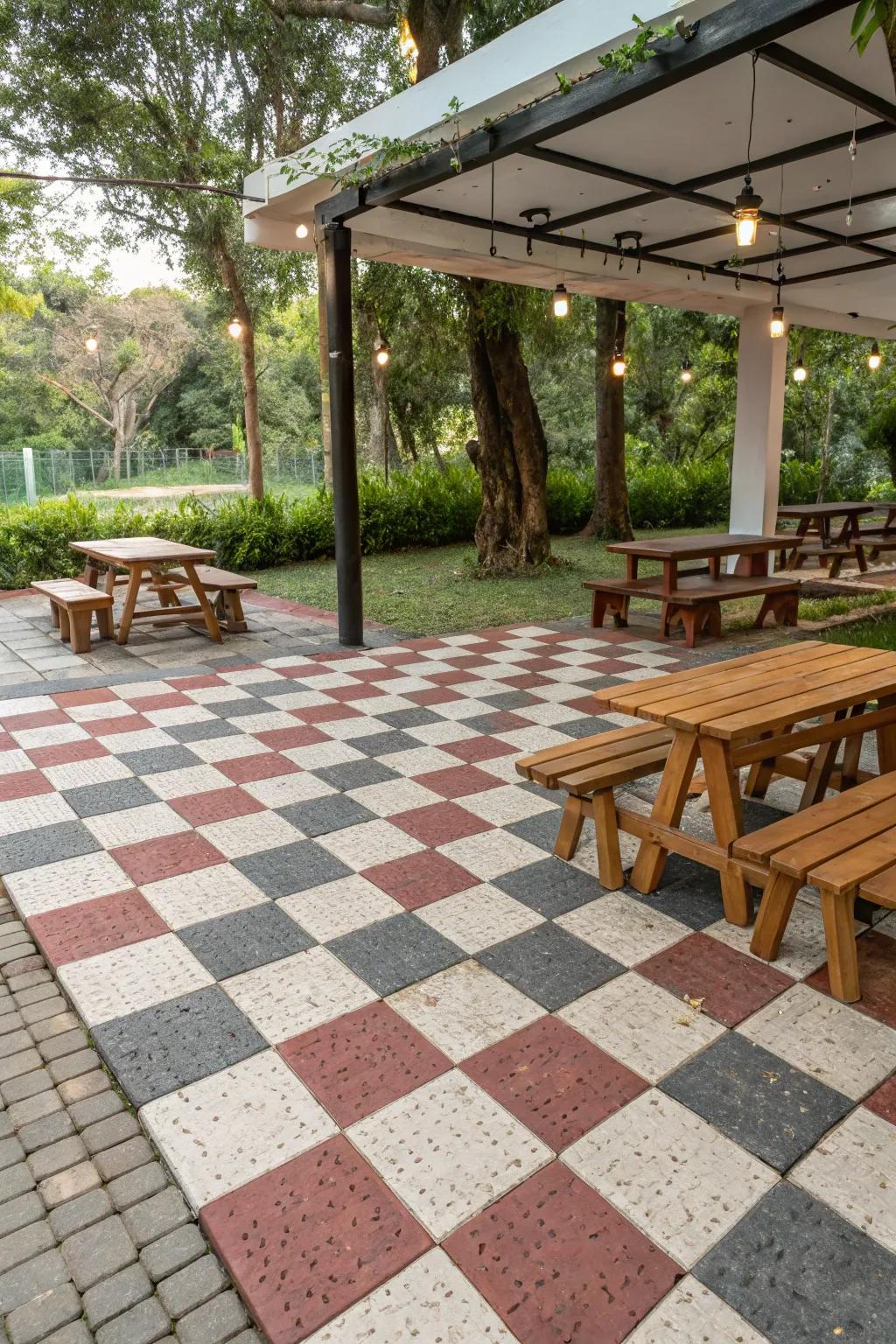 An outdoor seating area featuring a checkerboard brick paver pattern.