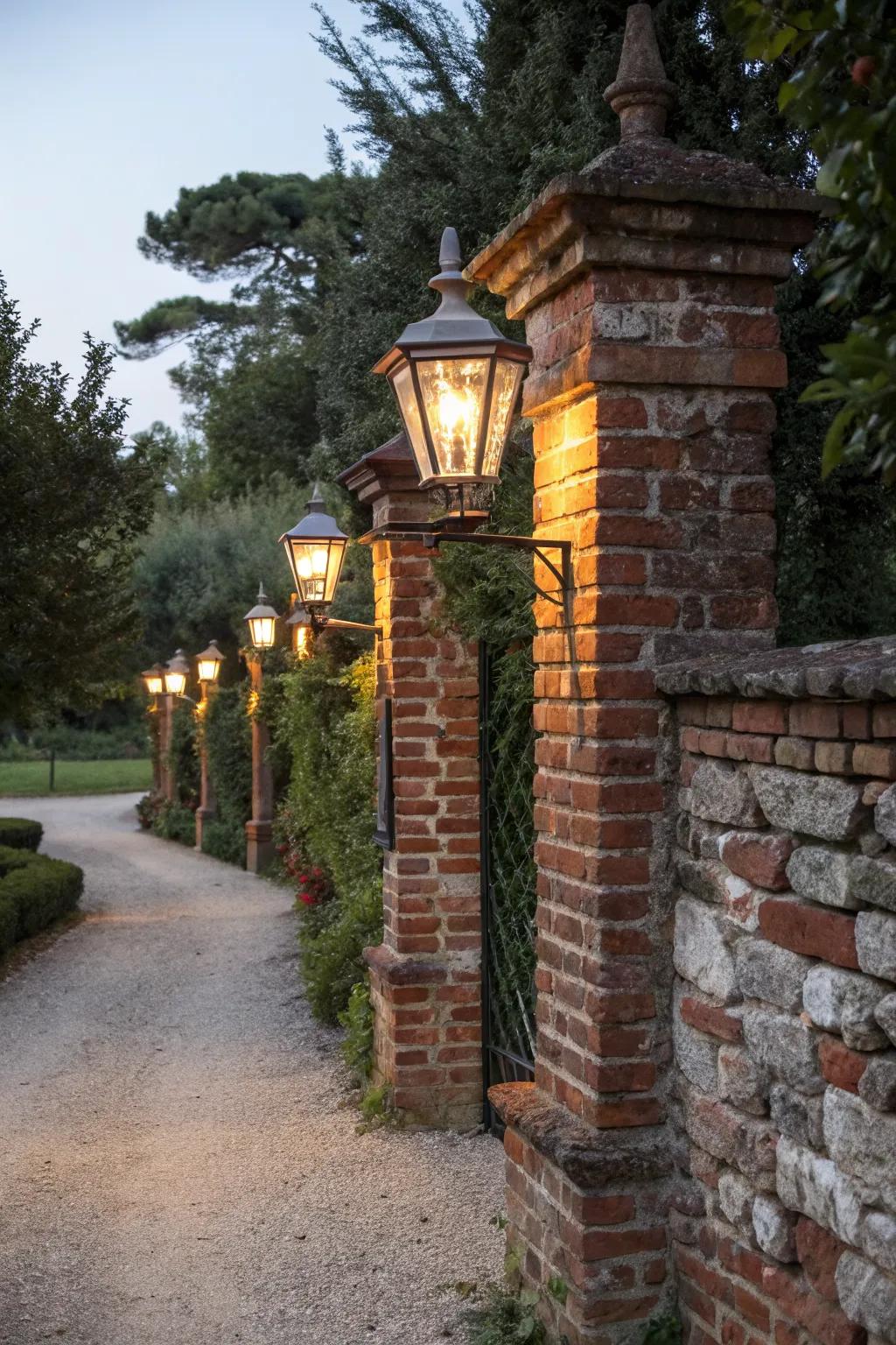 Brick pillars with vintage lanterns, casting a warm glow along a path.