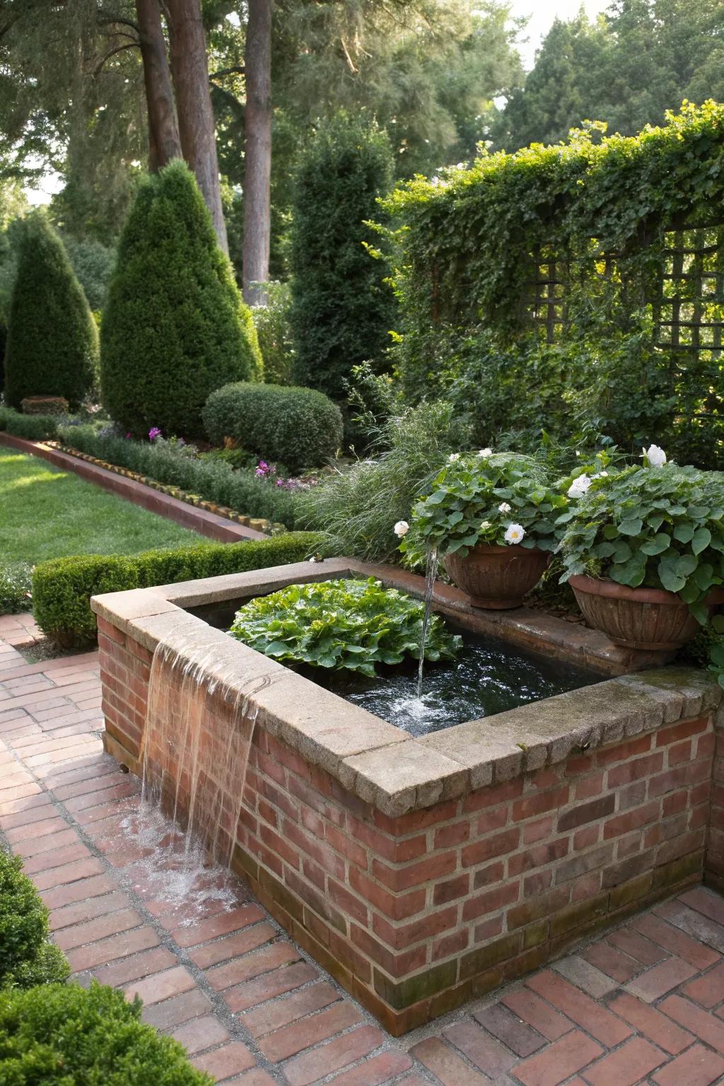 A serene garden scene with a brick planter and water feature.