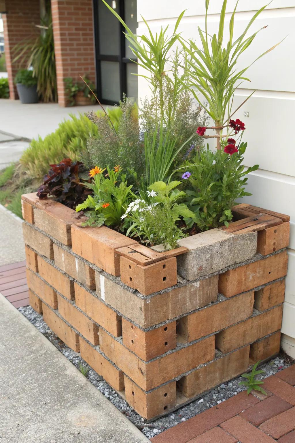 Eco-conscious gardening with recycled bricks.