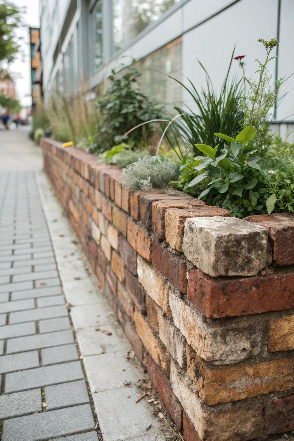 A brick planter wall blending old and new bricks for a distinctive look.