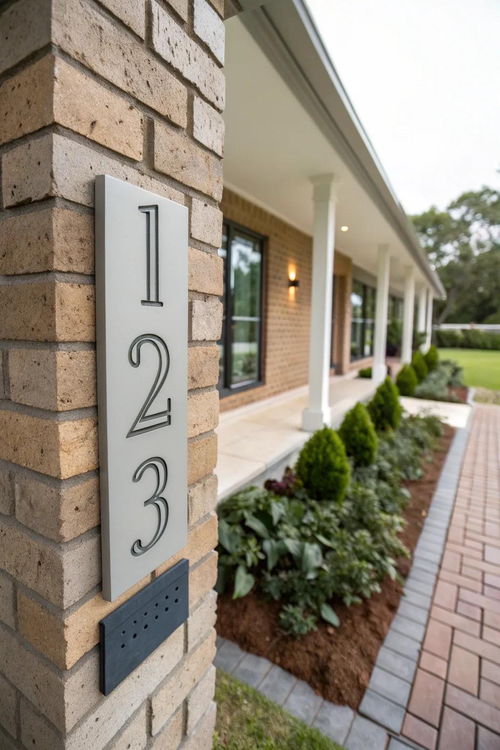 Sleek house numbers on a brick porch.