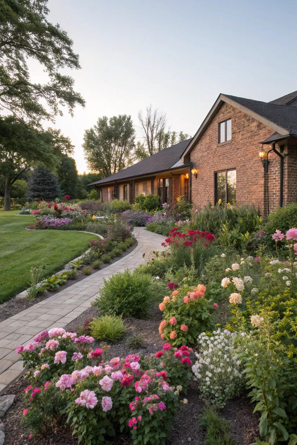 Perennial borders define garden beds with structure and color.