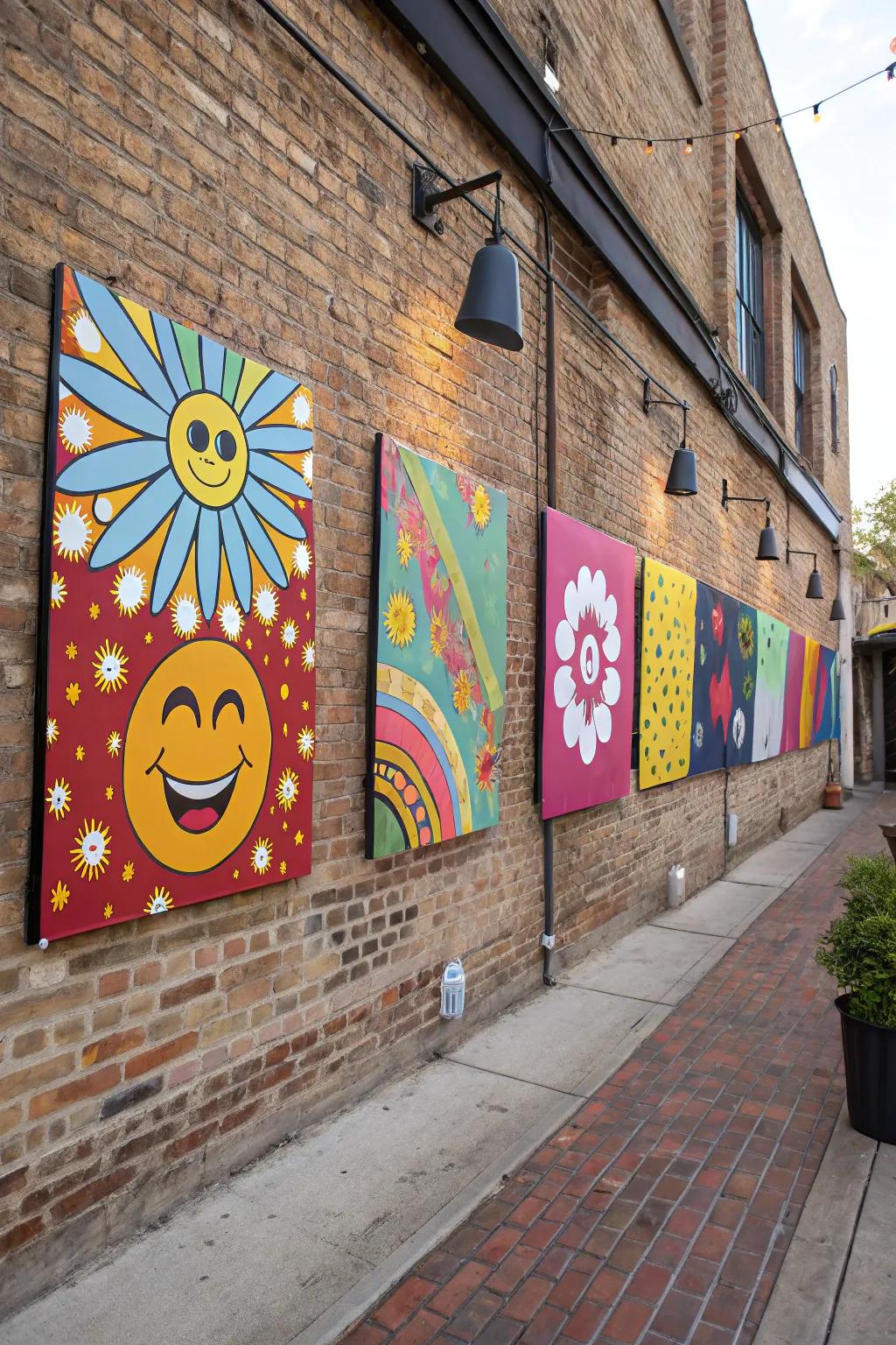 Outdoor art adds vibrancy to a brick wall.