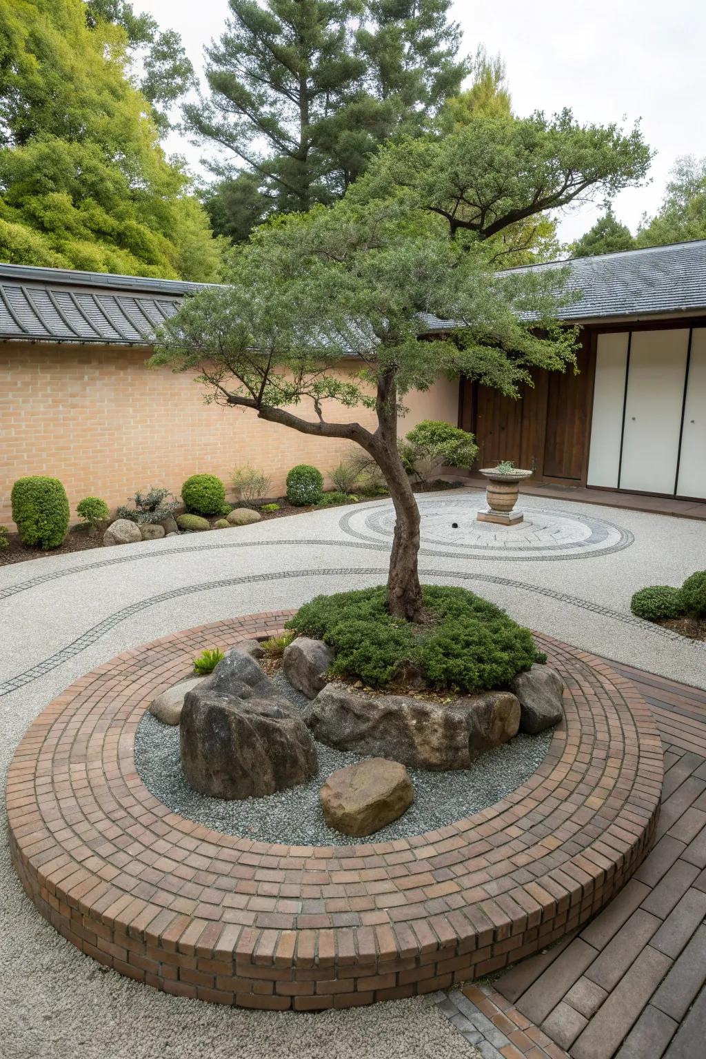 A Zen garden with bricks creates a tranquil and meditative space.