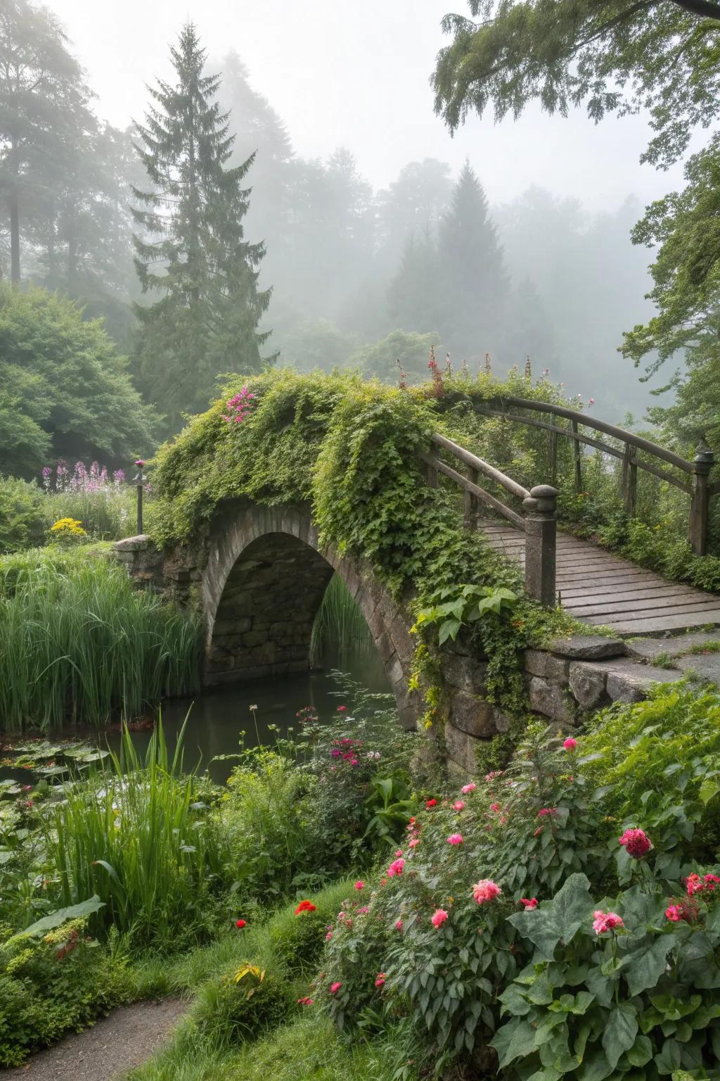 A hidden bridge offers a path to a secret garden.
