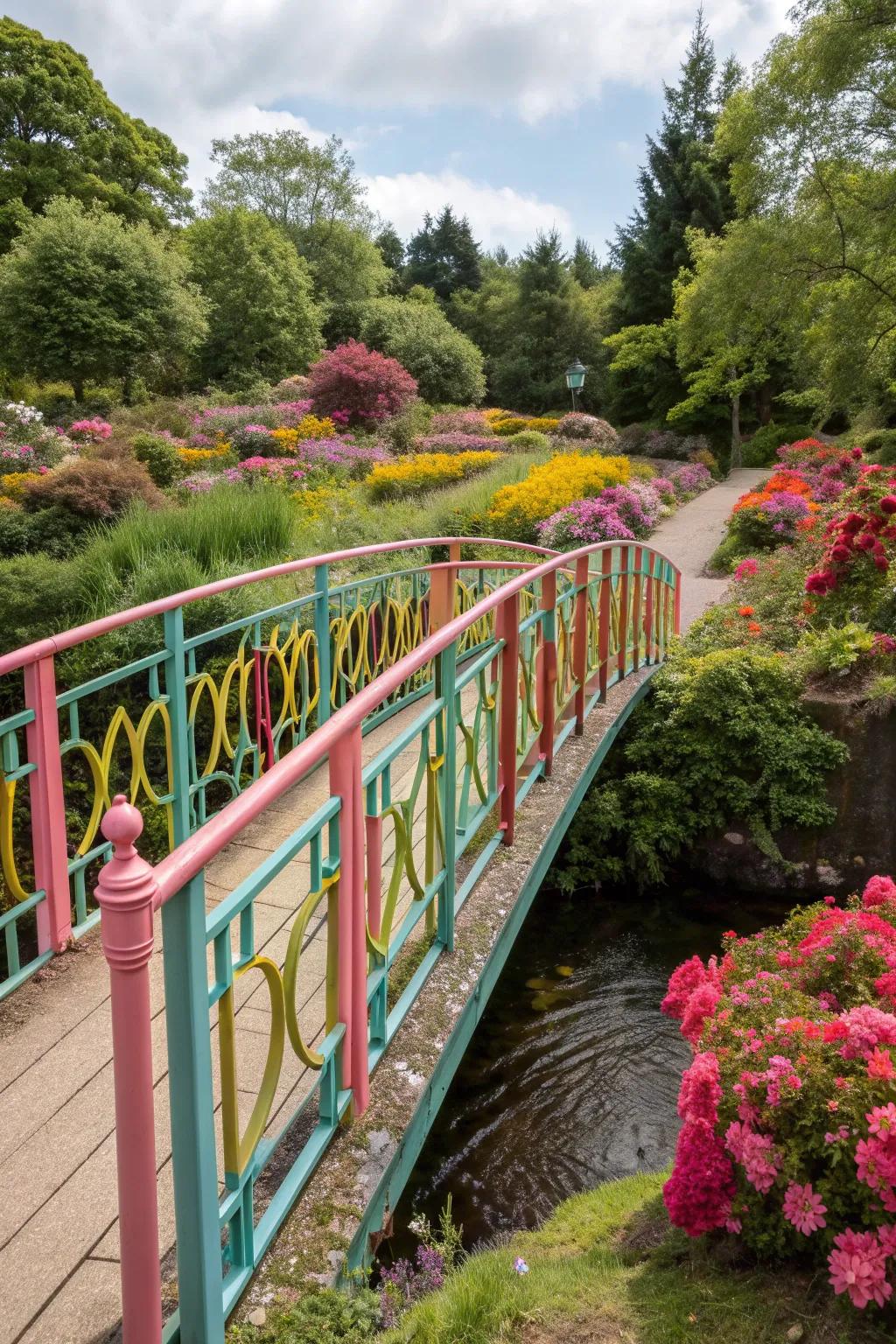 Colorful railings add a lively touch to this garden bridge.