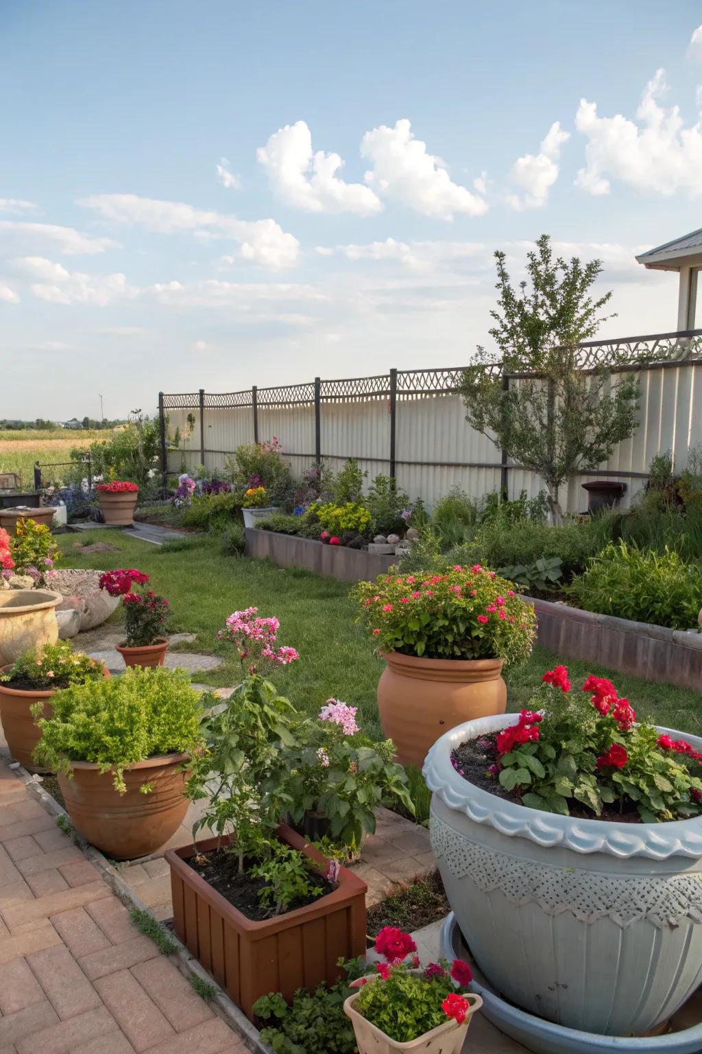 A variety of planters adds texture and interest to your garden.