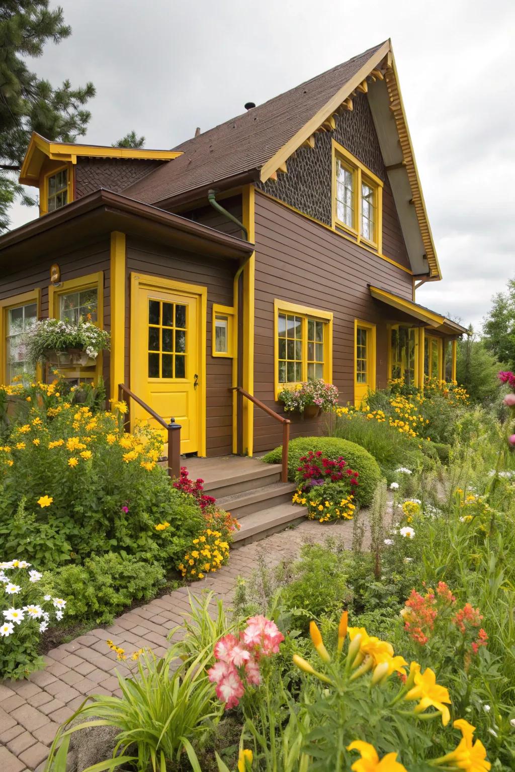 Yellow accents bring vibrancy to a brown exterior.