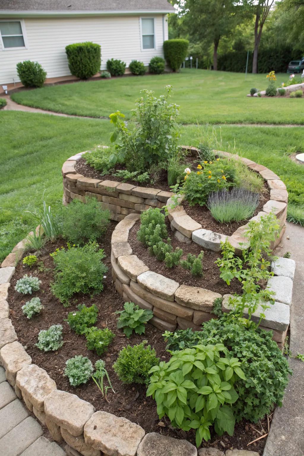 Herb spirals offer compact, efficient gardening.