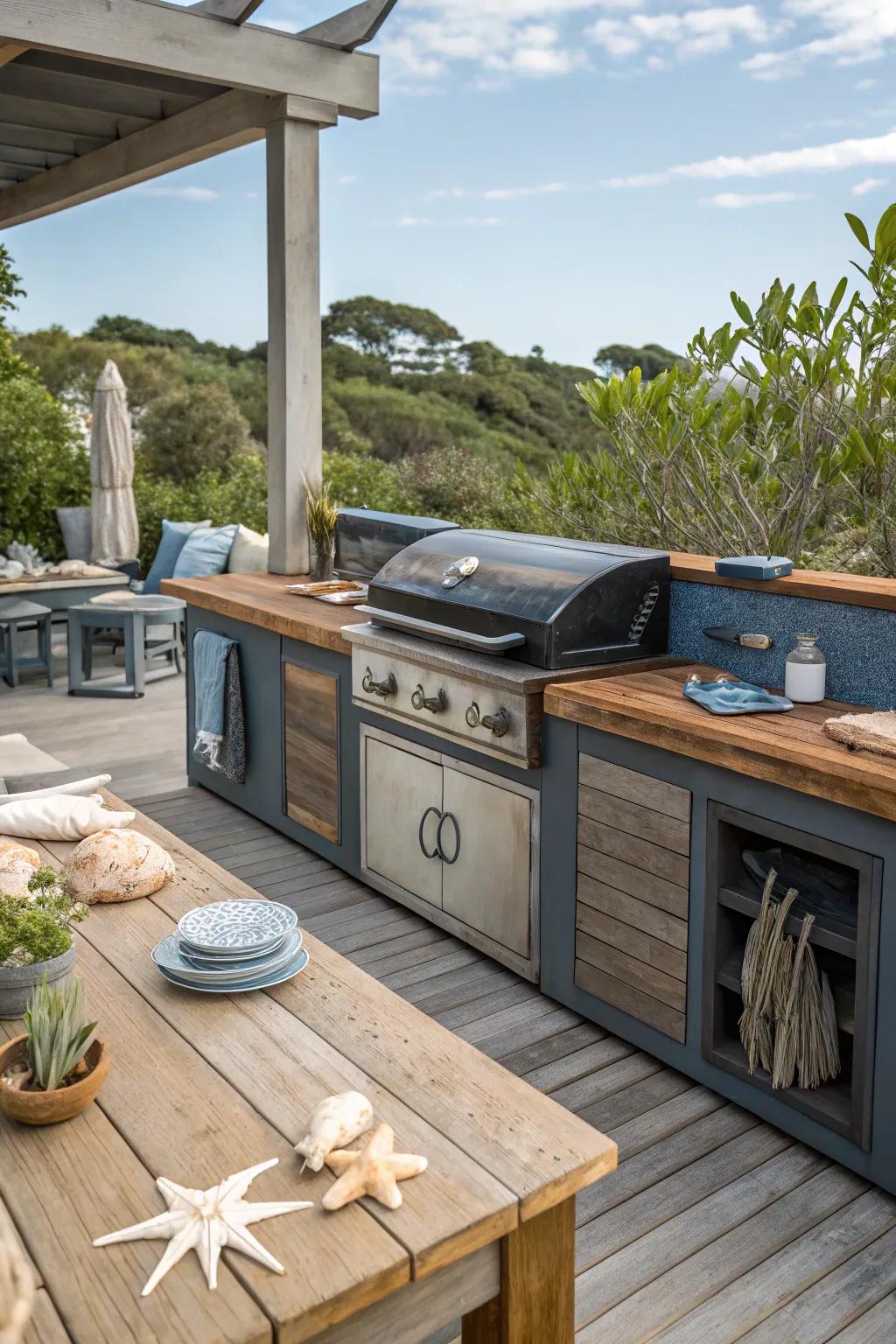Coastal vibes create a relaxed, beachy atmosphere for your grill area.