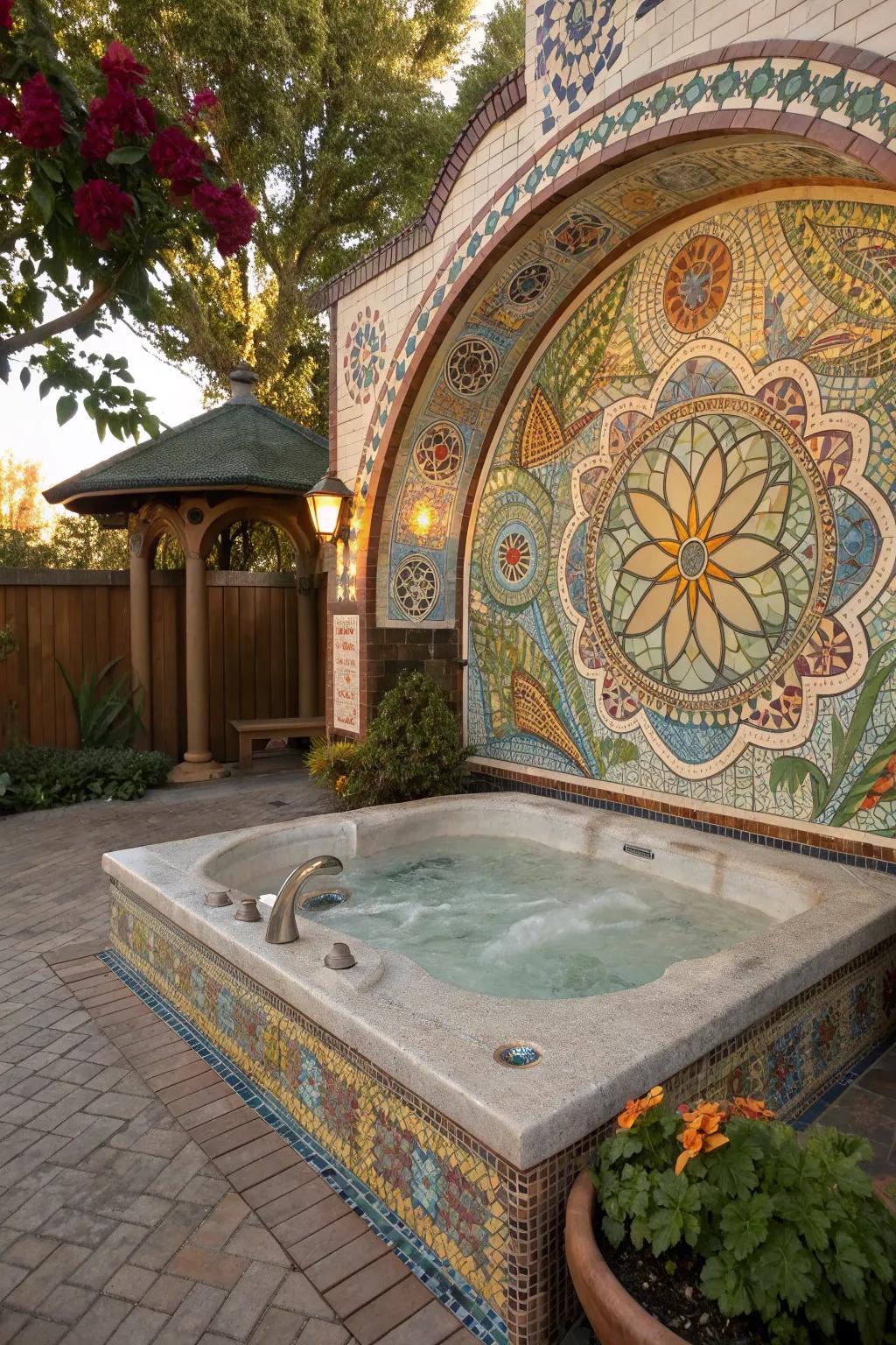 A stunning mosaic adds artistic flair to the hot tub area.