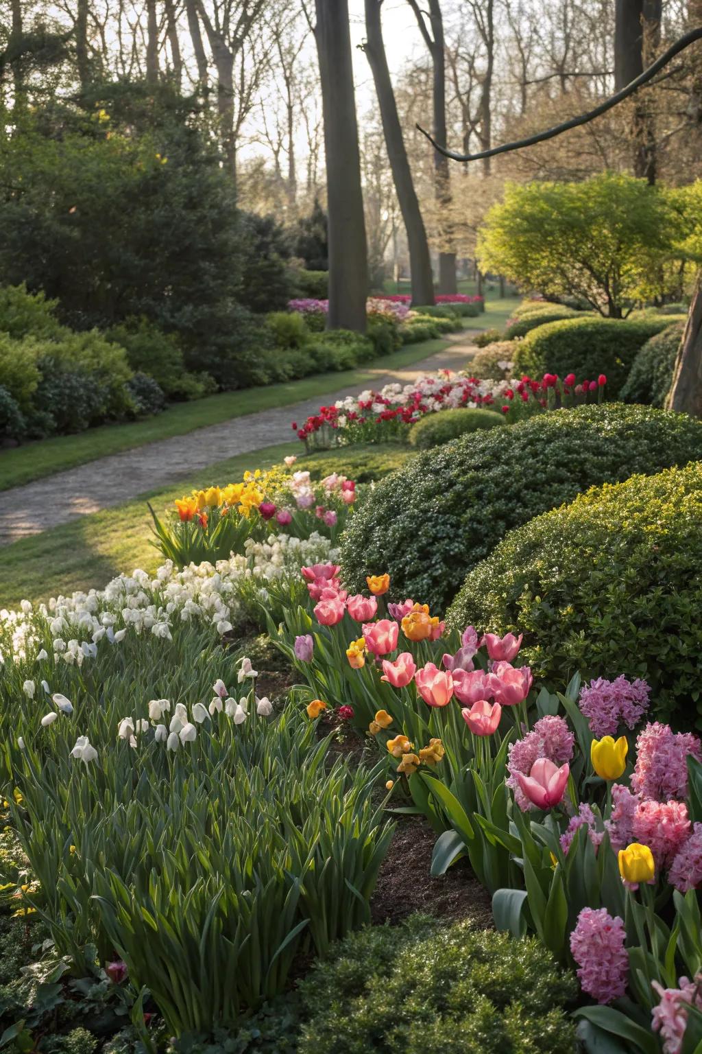 Bulbs and shrubs together create a lush, layered garden look.