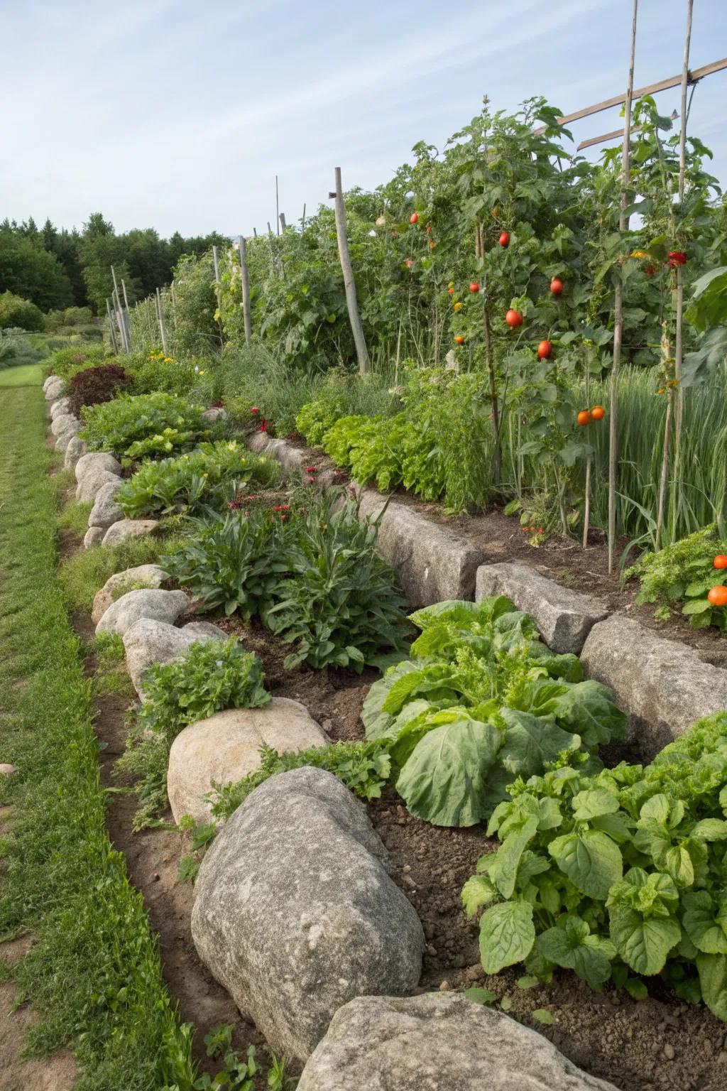 Vegetable garden beds outlined with bull rocks for structure and style.