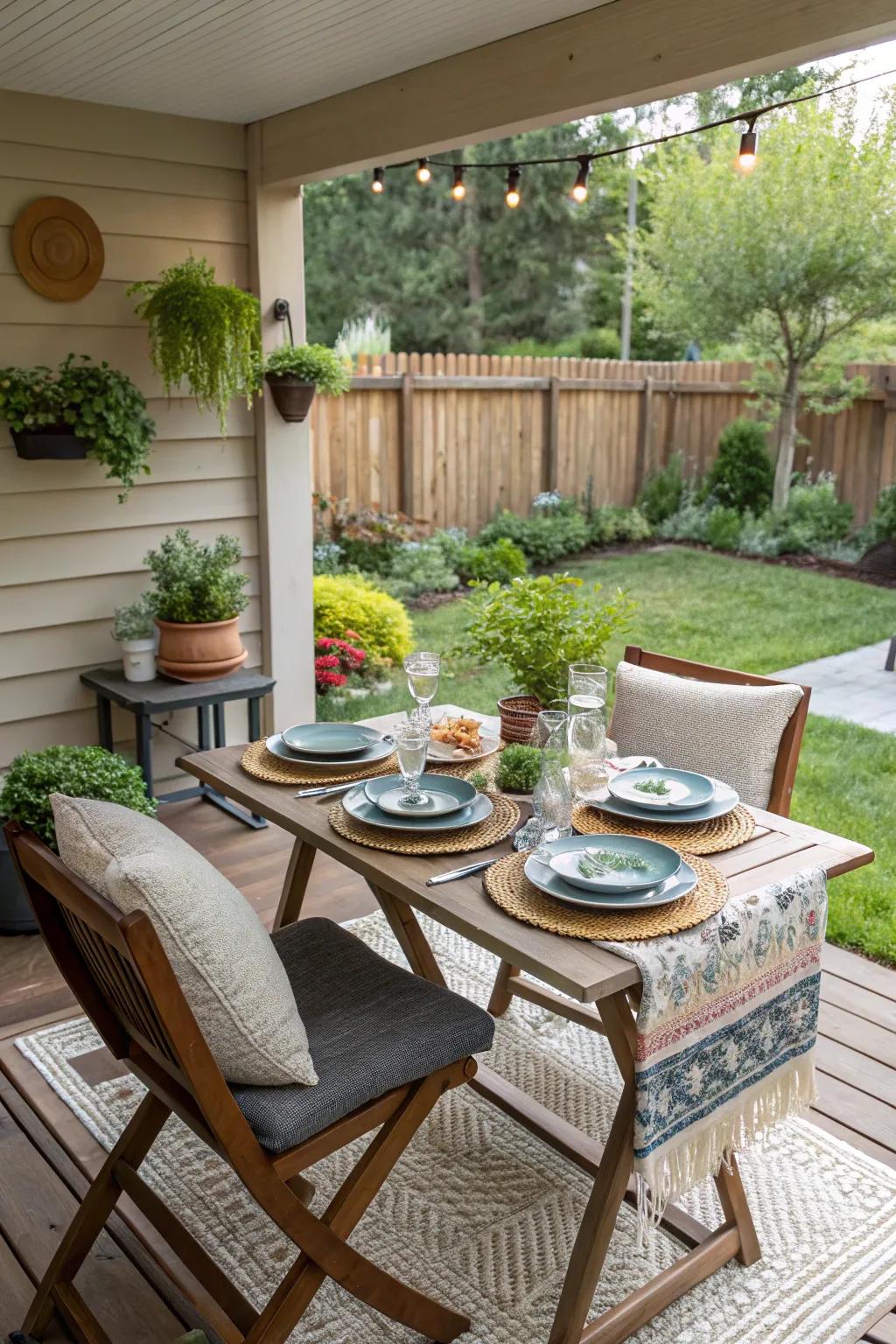 A foldable table offers versatile use on the porch.