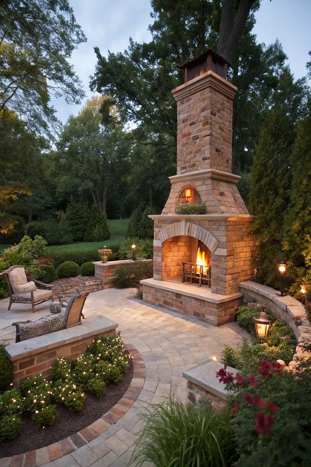 Grandeur and warmth with an outdoor fireplace.