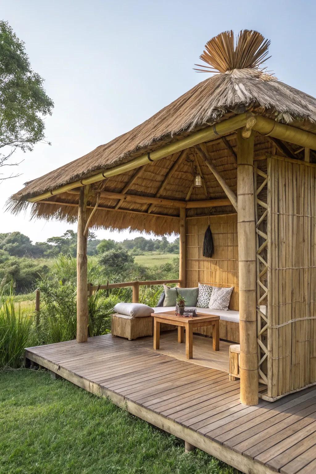 A sustainable cabana crafted from bamboo and reclaimed wood, blending seamlessly with nature.