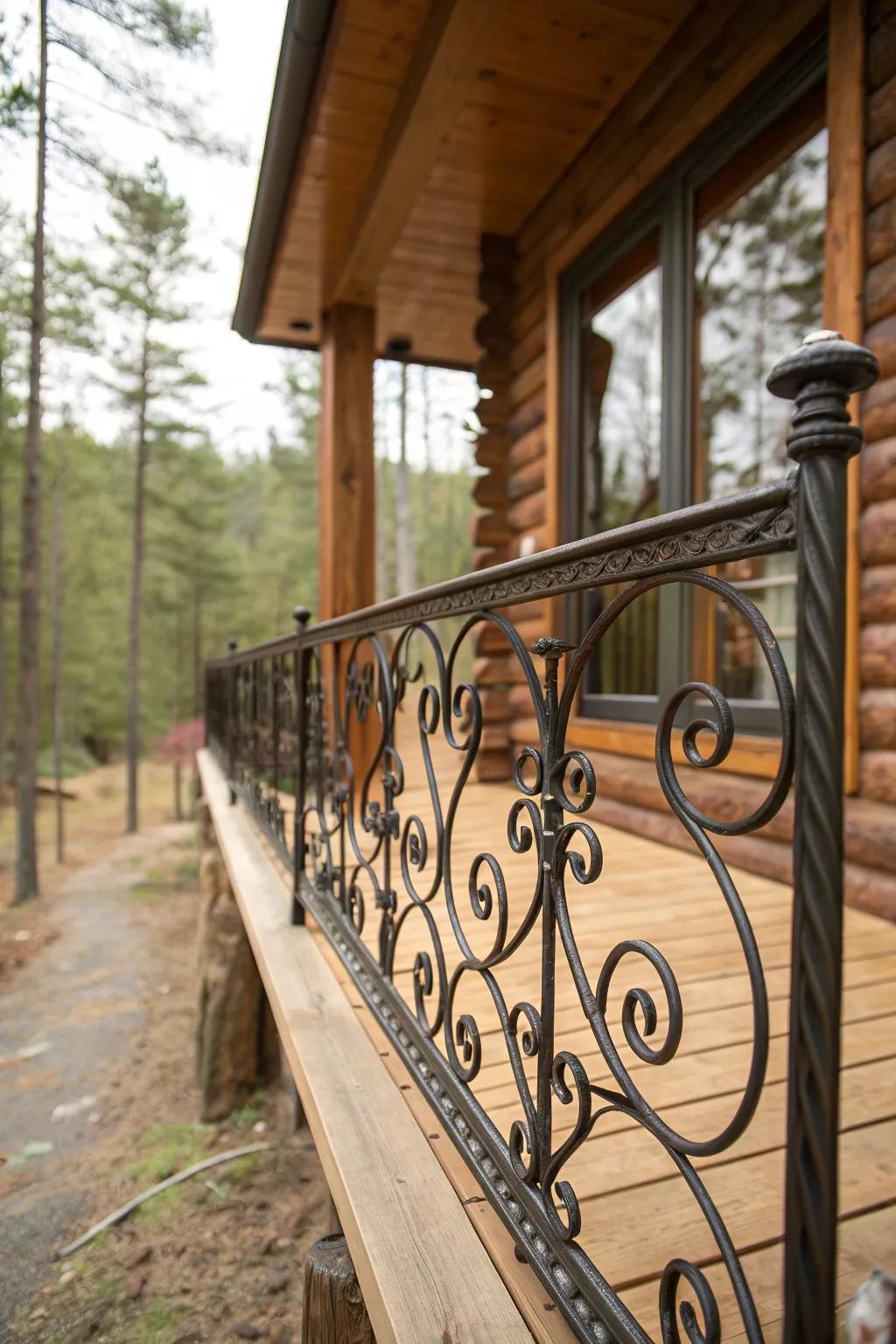 Elegant wrought iron railing adding sophistication to a cabin.