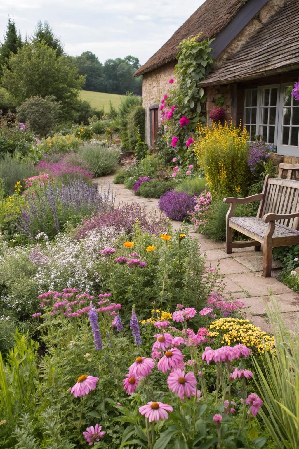 A charming cottage garden full of vibrant blooms.