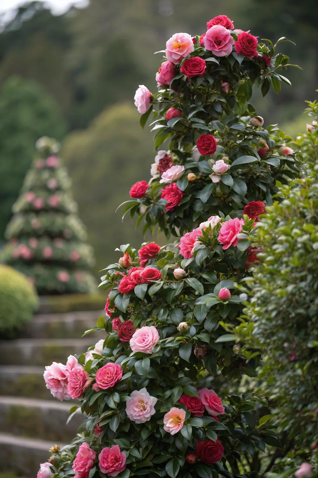Layered camellia planting adds depth and dimension.