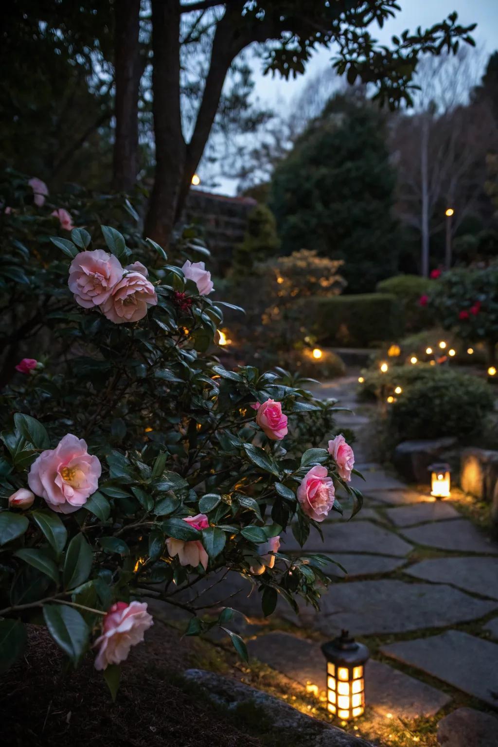 Night lighting accentuates camellias in evening gardens.