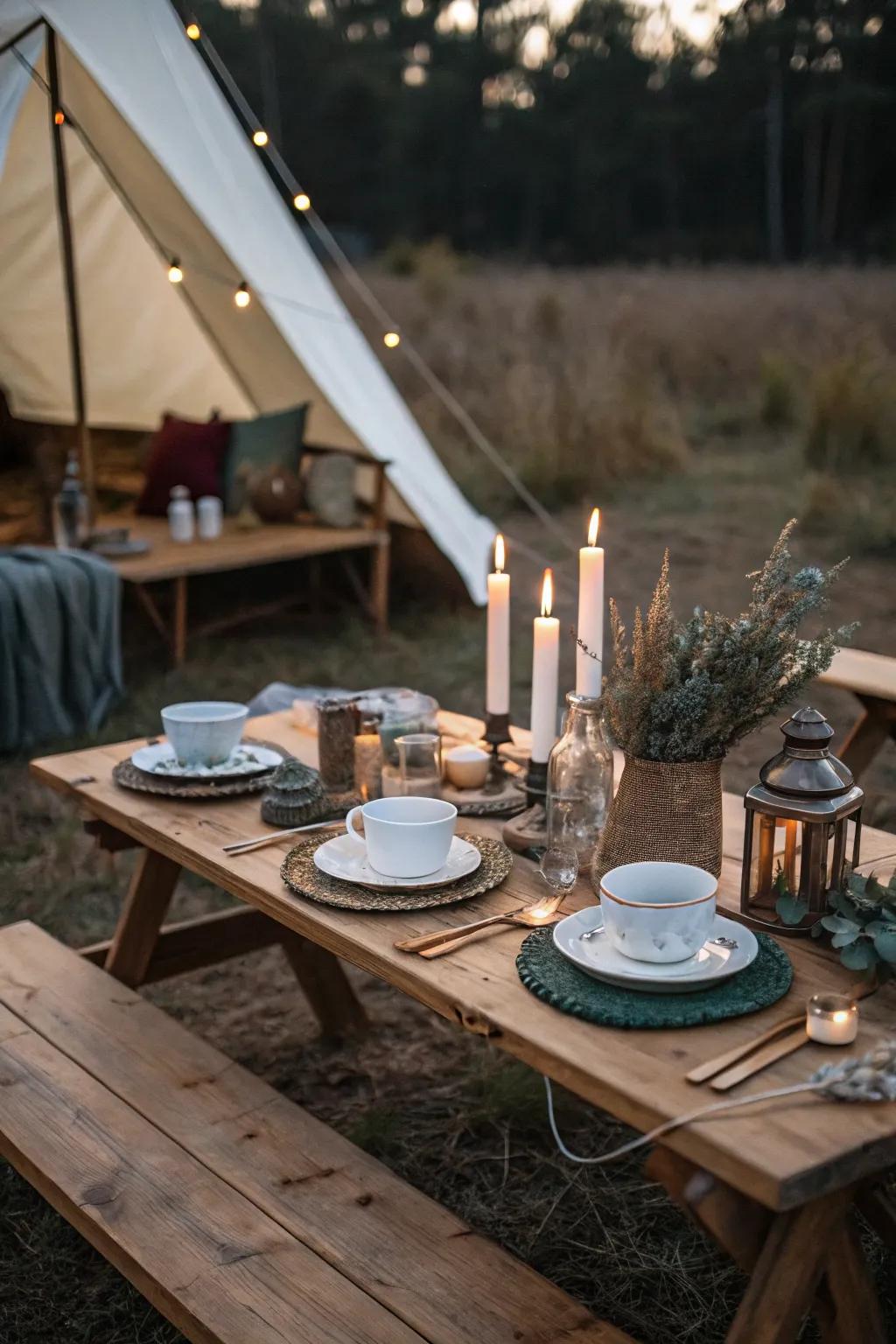 Create a charming picnic ambiance right at your campsite.