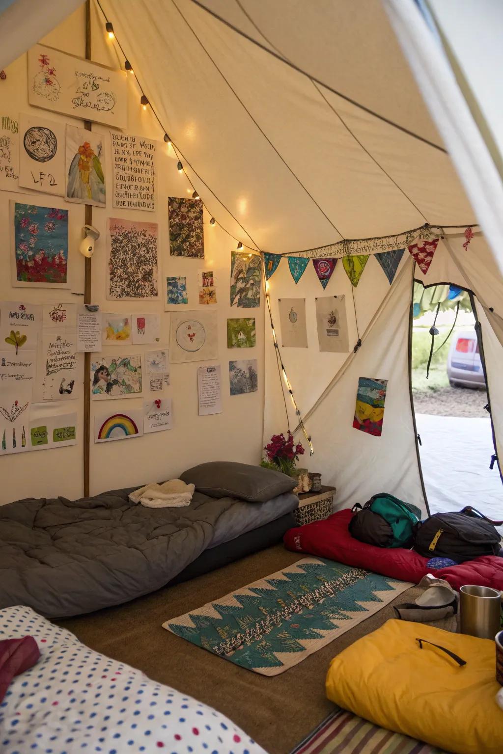An art wall adds personality and creativity to your tent space.