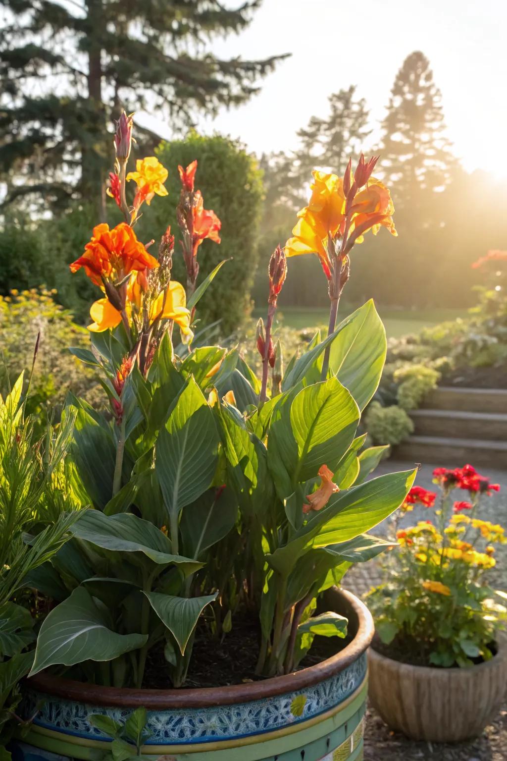 Canna lilies thrive in full sun, showing off their vibrant colors.
