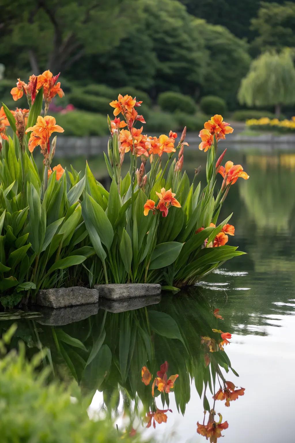 Reflective water garden with canna lilies creating mirror images.