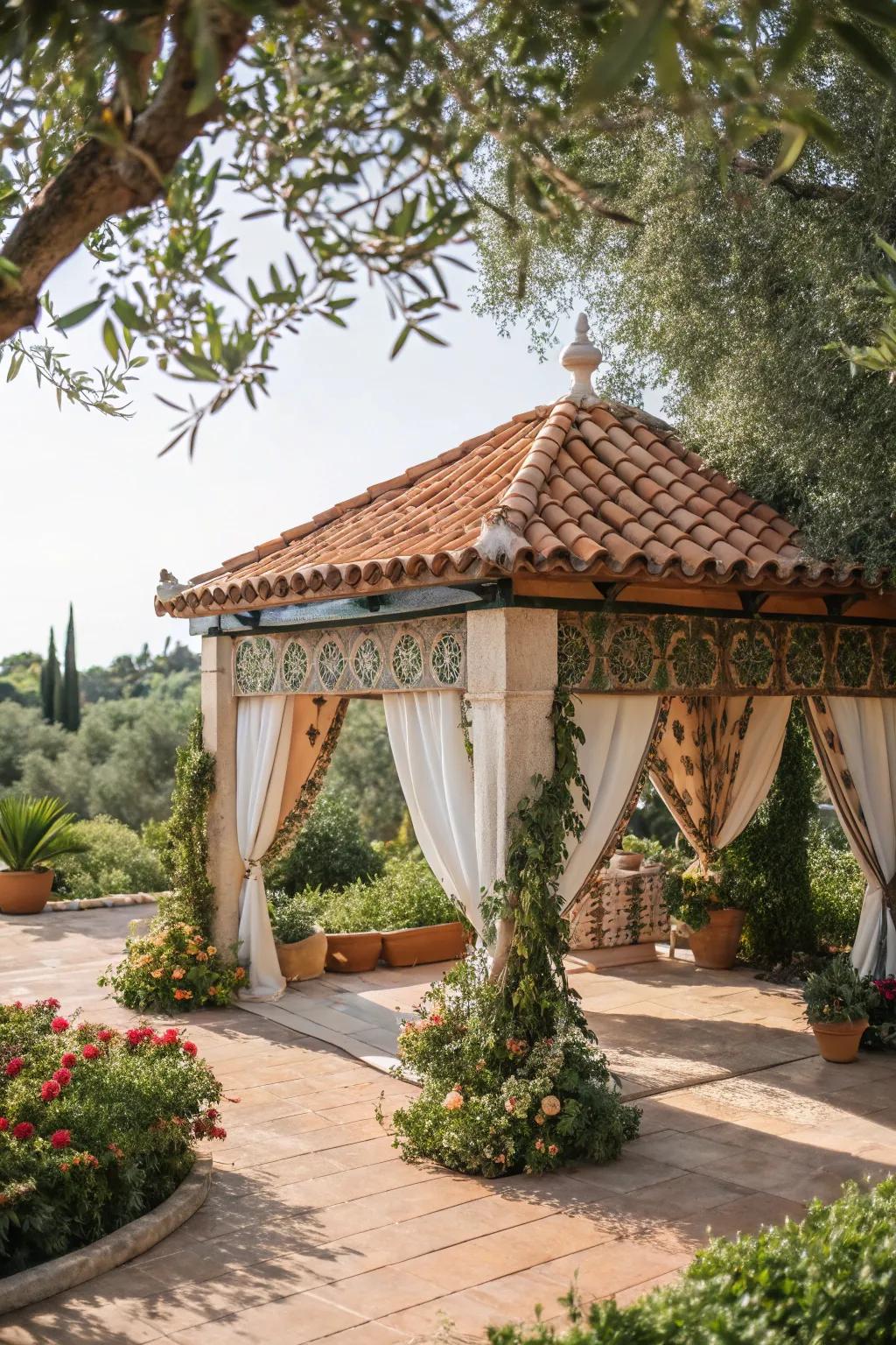 A Mediterranean-style canopy tent for a coastal feel.