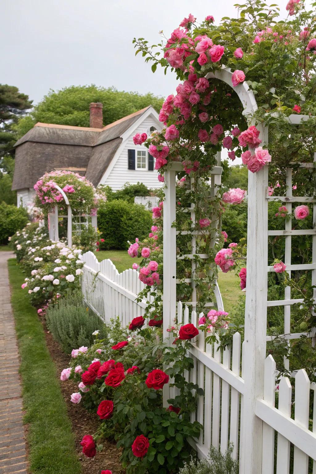 Trellises supporting climbing plants for vertical interest.