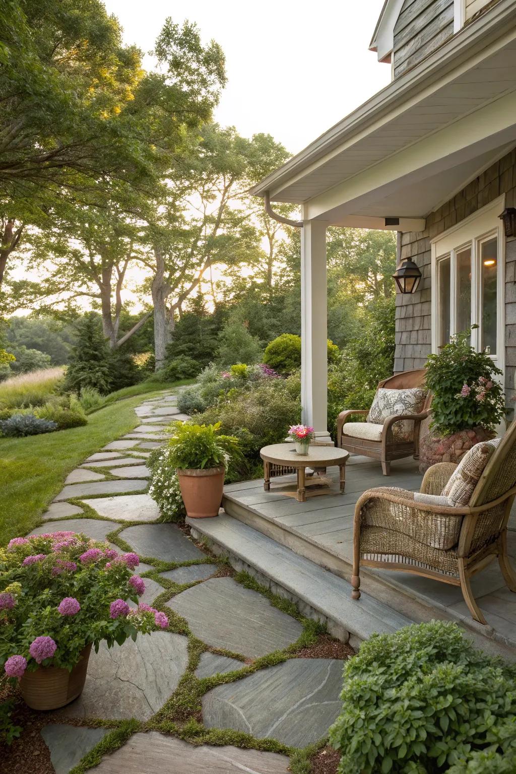Natural stone accents enhancing a Cape Cod porch.