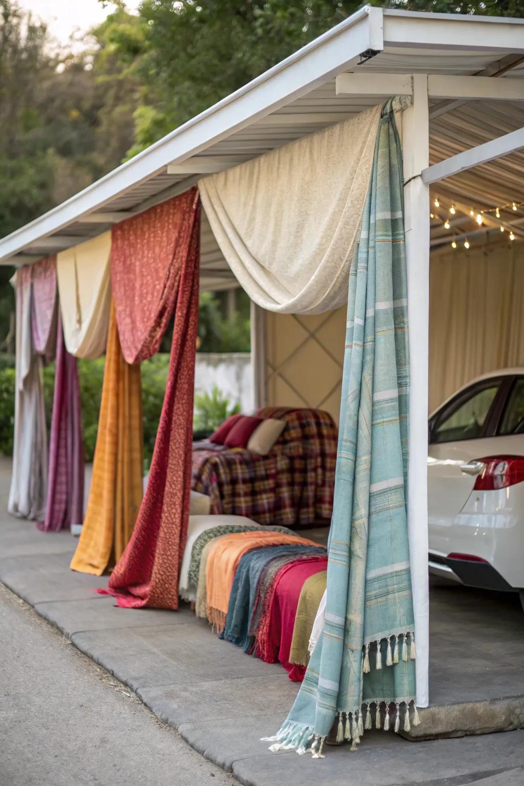 Textiles add a cozy, personalized touch to carport privacy.