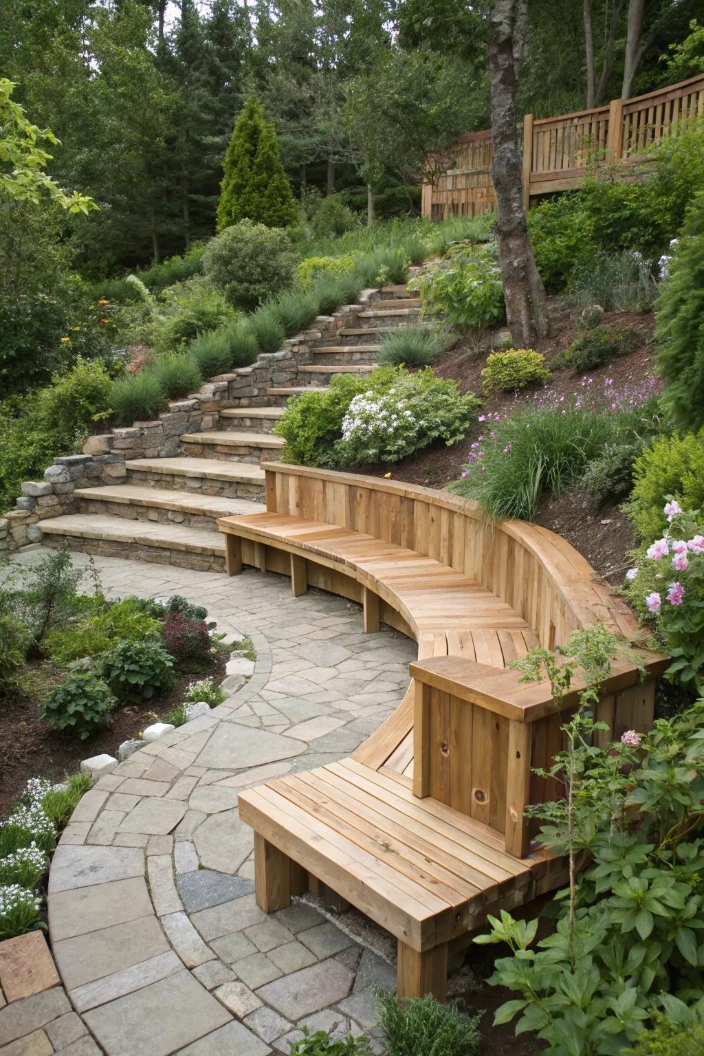 A multi-level cedar bench adds dimension to the garden.