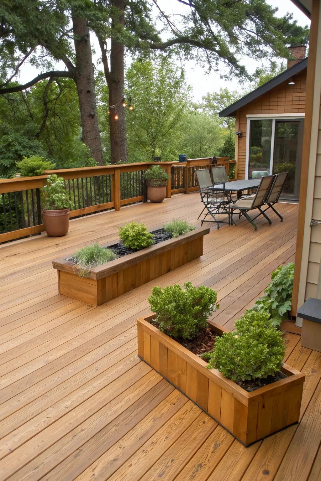Eco-friendly materials enhance the natural appeal of this cedar deck.