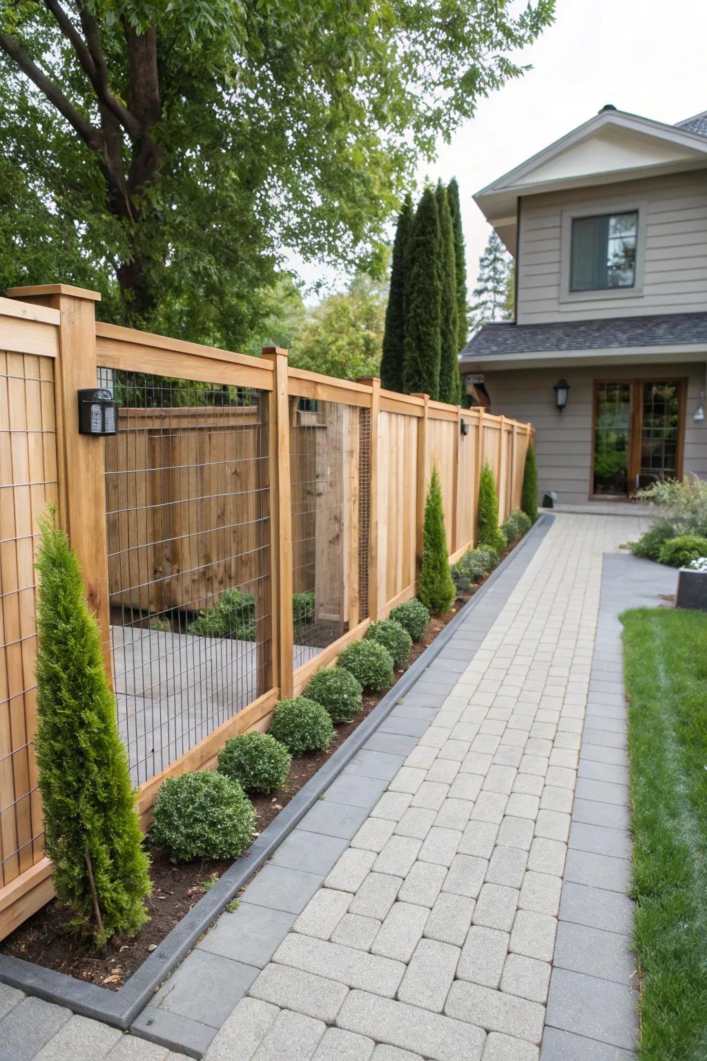 Cedar and wire mesh for a modern, open fence design.