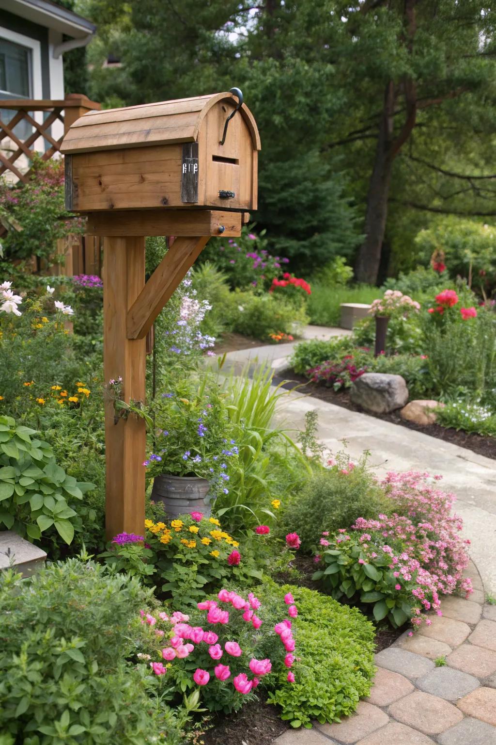 A mini garden transforms this cedar mailbox into a stunning focal point.