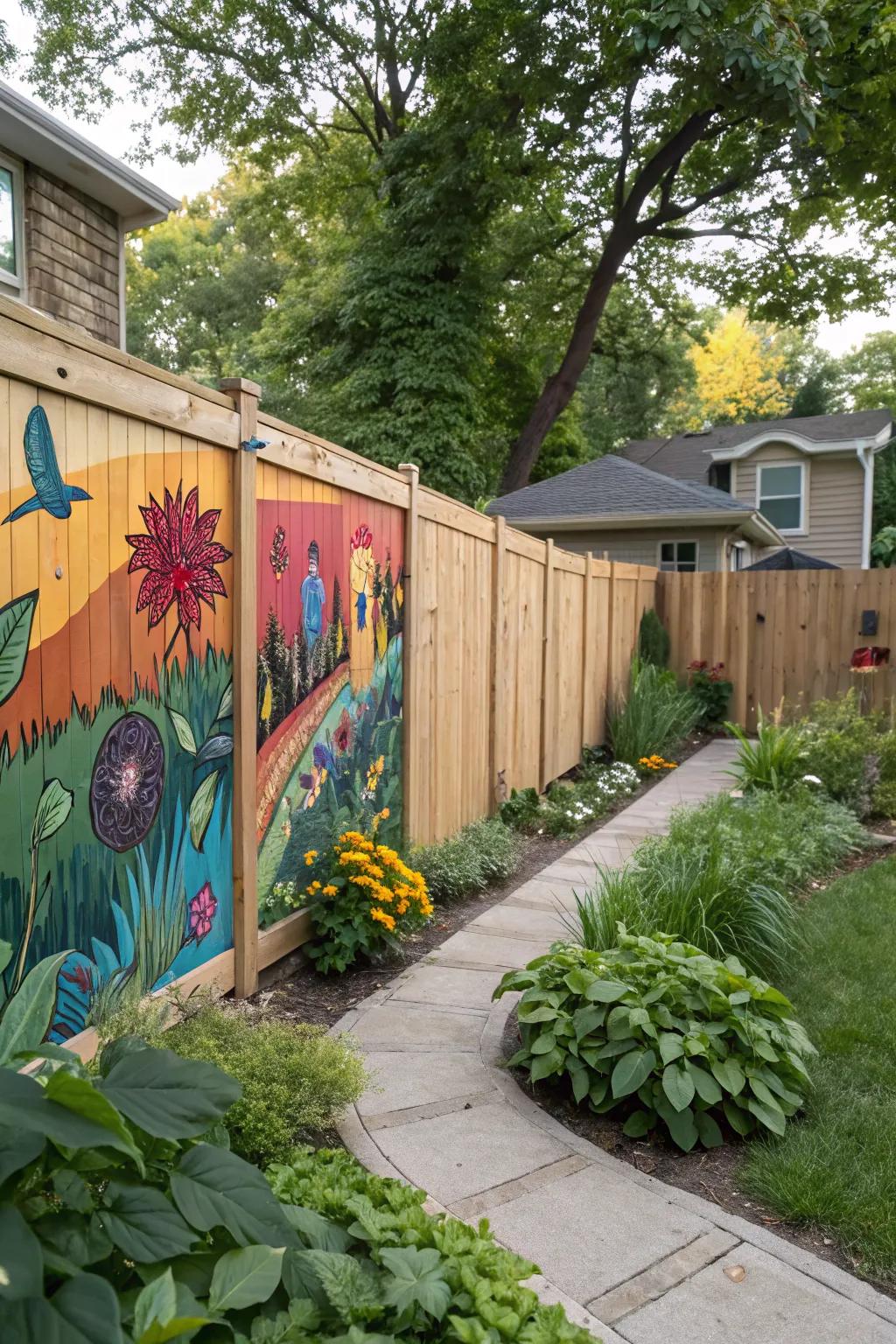 Artistic murals transform this cedar fence into a unique canvas.