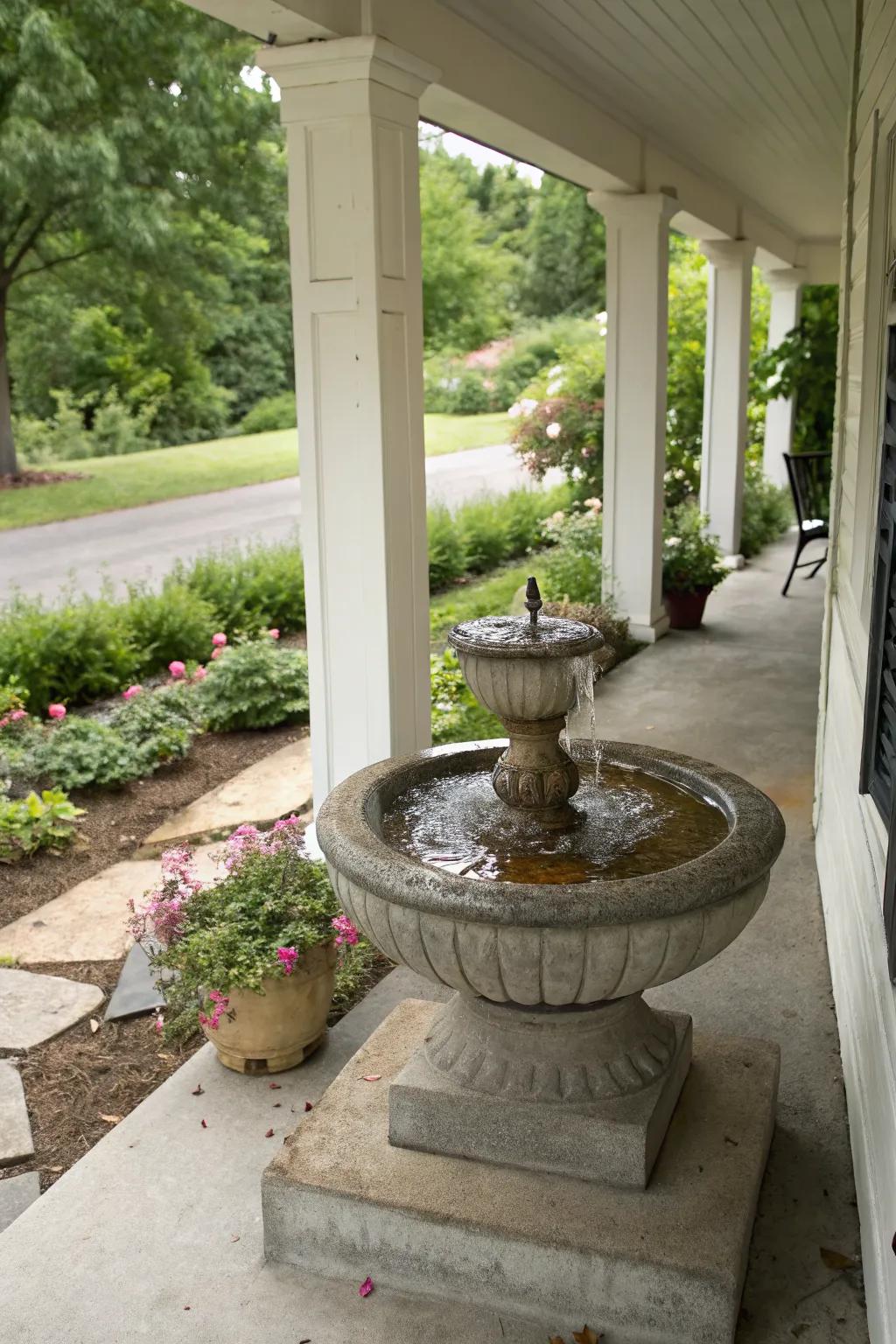 A water feature adds tranquility and elegance to your cement porch.