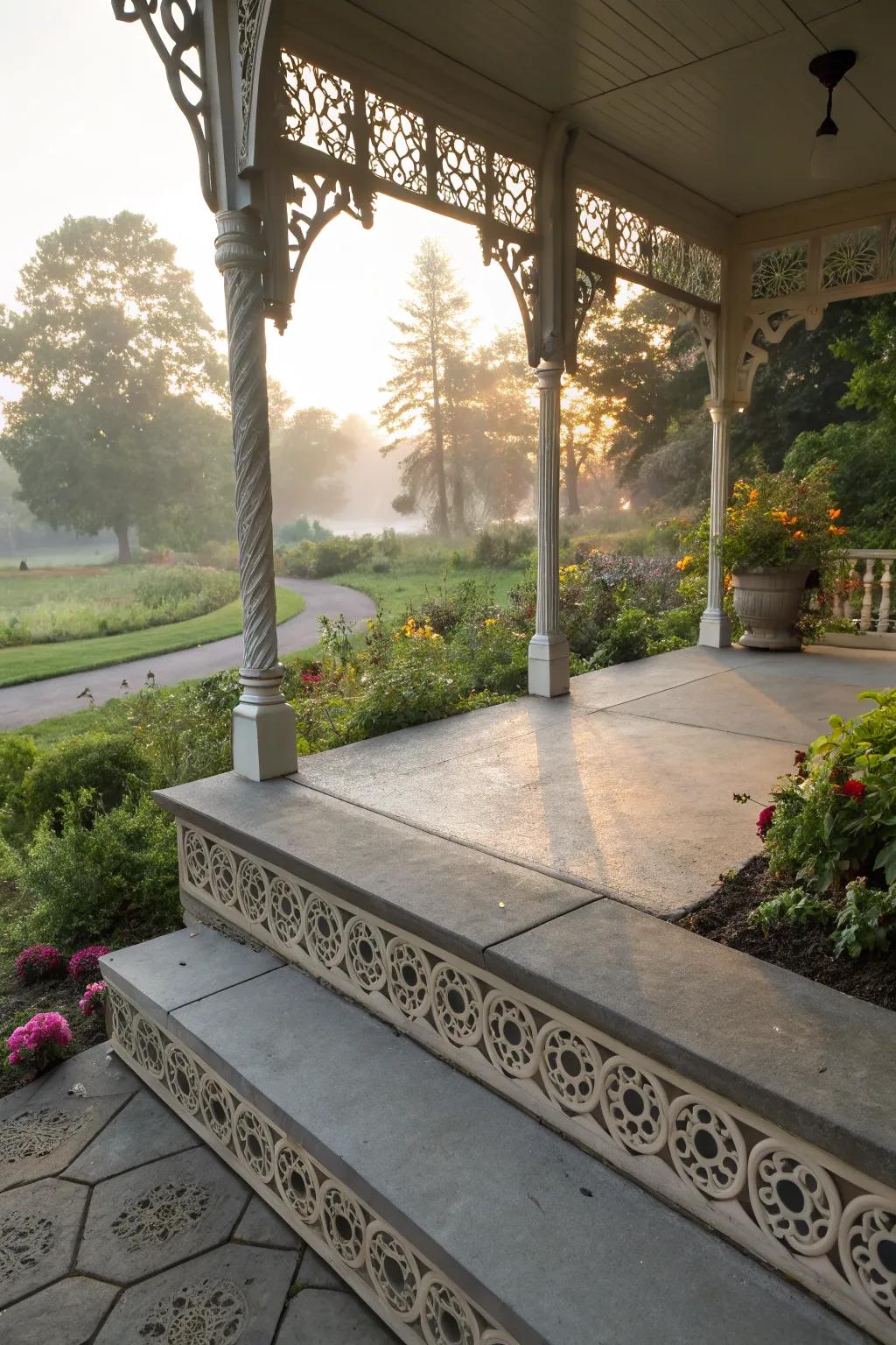 Decorative borders add elegance to a cement porch.