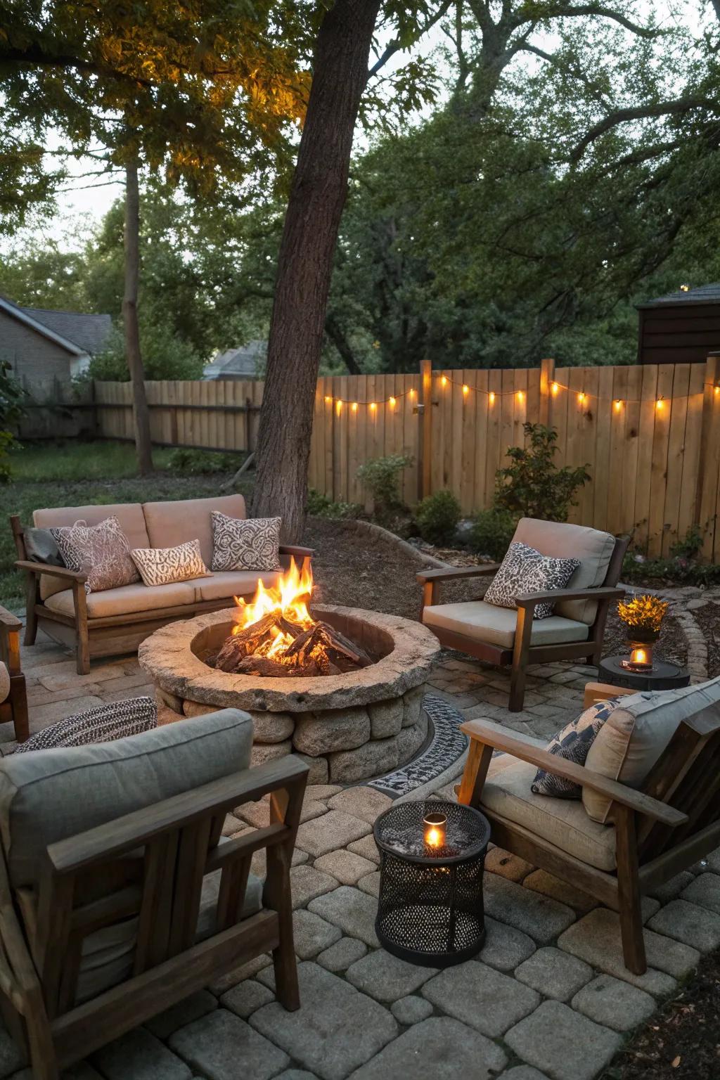 A fire pit creates a cozy gathering spot in your garden.