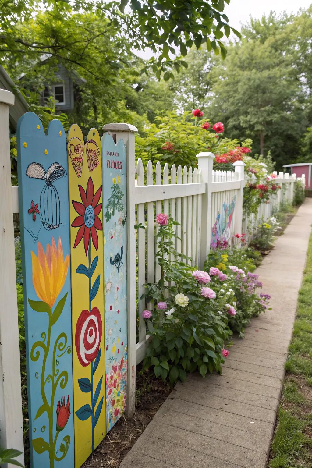 Creative wall art transforms fences into personal canvases.