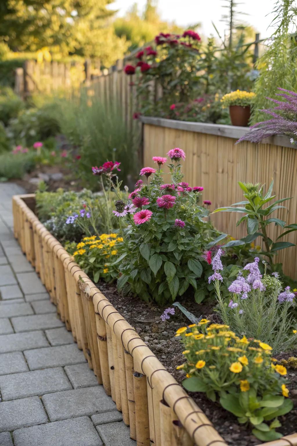 Bamboo edging provides a sustainable and natural way to define garden beds.