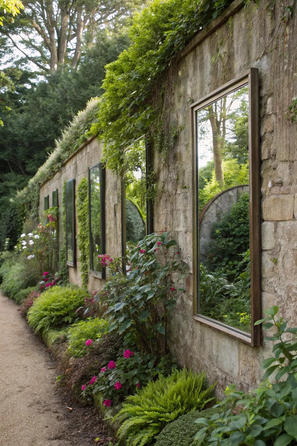 A garden wall featuring mirrors to create an illusion of space.