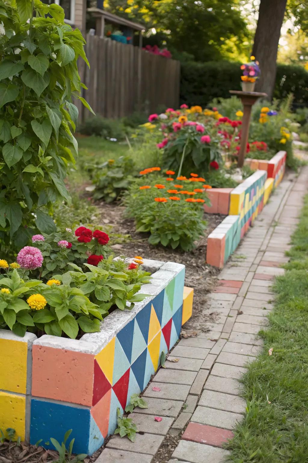 Cinder blocks offer a modern, customizable garden edge.