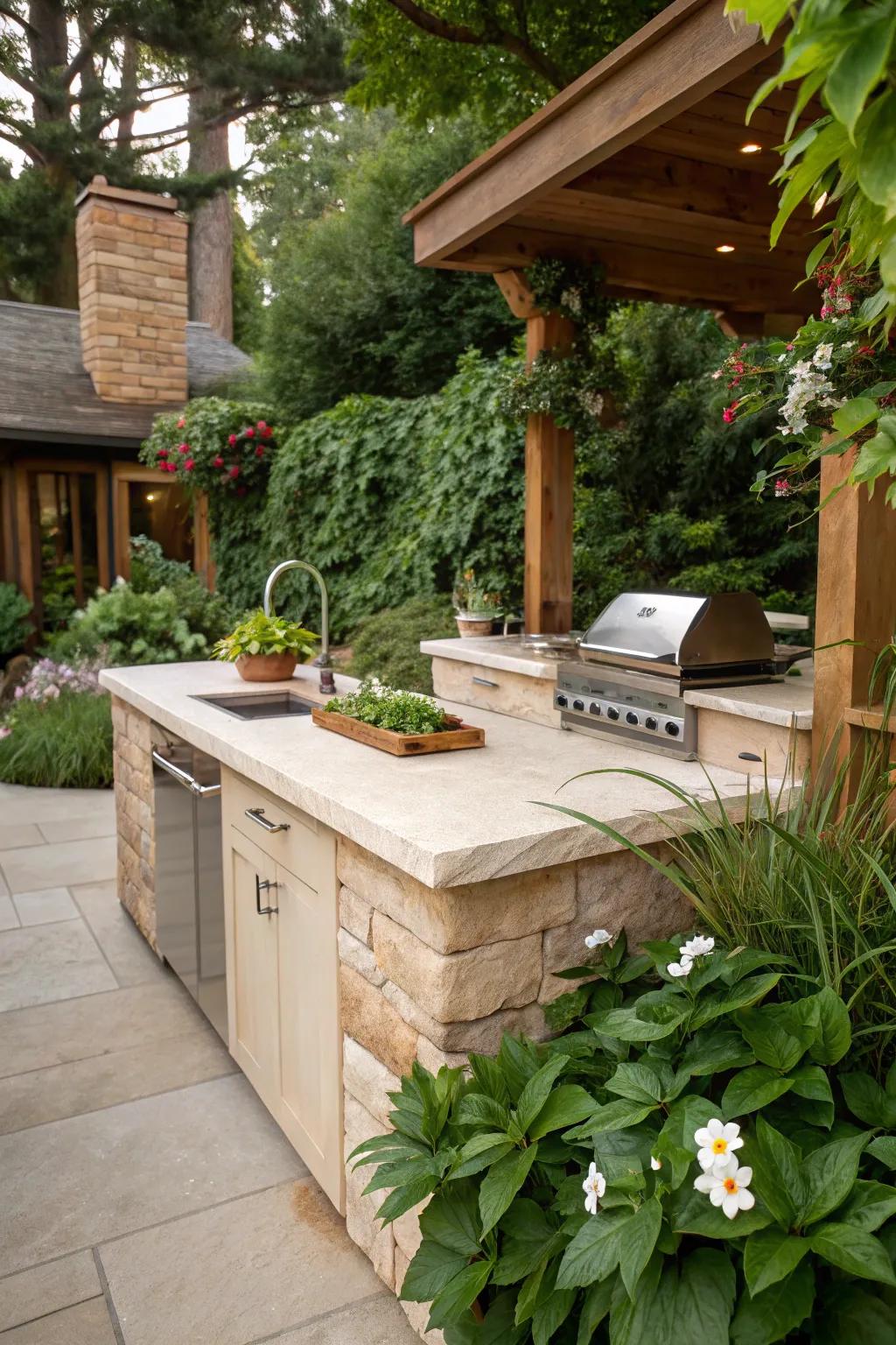 Sandstone countertops provide a warm, natural aesthetic for outdoor kitchens.