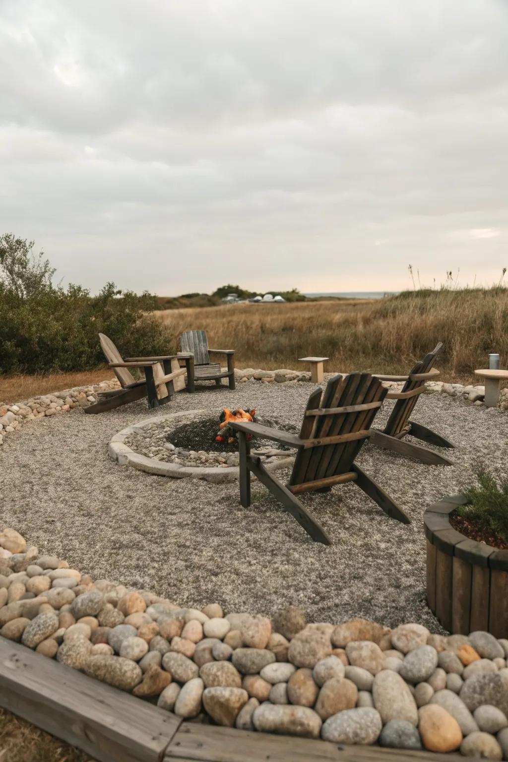 Low-maintenance gravel fire pit area